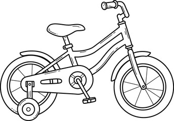Coloring page of a kids bicycle with training wheels for children learning to ride their first bike