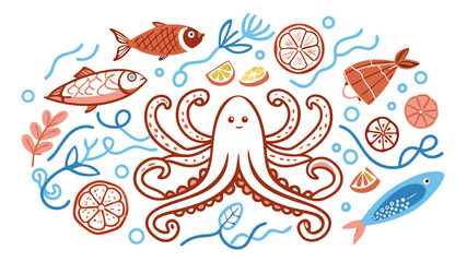 Fototapeta premium Colourful Hand-Drawn Mediterranean Seafood Feast Sketch Collage