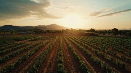Vineyard rows stretching towards the horizon at sunset in countryside