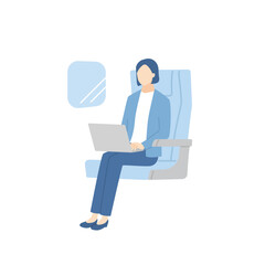 電車や飛行機の座席に座ってノートパソコンを操作しているビジネスパーソン