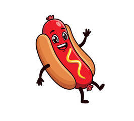 Funny hot dog character with big eyes and mustard swirl, energetic and playful pose, isolated on white background – great for food marketing.