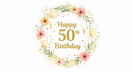 Elegant floral wreath announces a happy fiftieth birthday, beautifully decorated with peach flowers, gold accents, champagne, and festive balloons creating a celebratory design.
