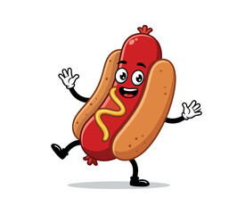 Happy cartoon hot dog character with mustard, smiling and walking with joy on white background – perfect for kids menus and fast food branding.