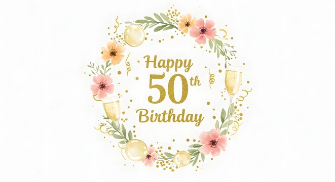 Elegant floral wreath announces a happy fiftieth birthday, beautifully decorated with peach flowers, gold accents, champagne, and festive balloons creating a celebratory design. - Powered by Adobe