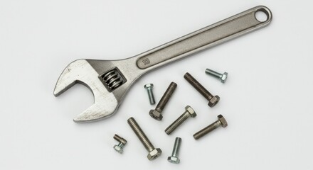 Metal wrench and assorted screws on a plain white background