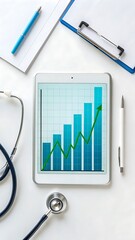 Stethoscope tablet graph blue pen white pen clipboard