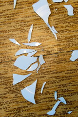 A broken white plate on the kitchen floor. The concept of family problems. Vertical shot