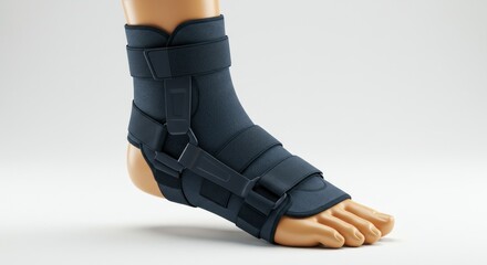 A dark-blue ankle brace on a beige foot
