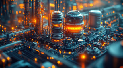 Futuristic industrial landscape with glowing structures