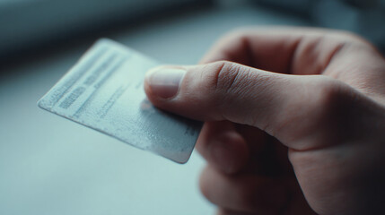 Close-up of hand holding a credit card or id