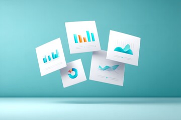 Colorful data visualizations displayed in floating papers above a smooth surface in a modern workspace