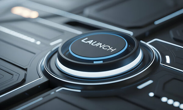 Futuristic button with "LAUNCH" glows, pressed in tech environment, blurred background. Represents initiation