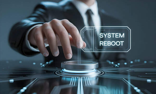 Businessman's hand activating system reboot button in a futuristic digital environment with blurred tech background. For tech or IT