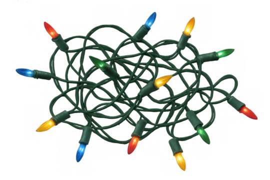 Colorful tangled christmas lights string isolated on transparent background, perfect for holiday projects