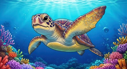 Obraz premium Cartoon sea turtle swimming underwater with coral reef backdrop.