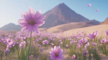 Obraz premium Single Pink Blossom Stands Tall in Soft Meadow Below Distant Volcano