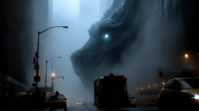 Fog envelops a city street, revealing a massive dragon head, a person walks