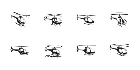 Collection of military and civilian helicopter silhouette vector illustrations, perfect for aviation design, logo, infographic, and flight themed artwork

