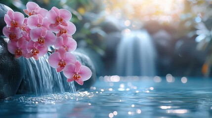 Soft Pink Orchids Flowing Over a Gentle Waterfall in Tranquil Blue Light