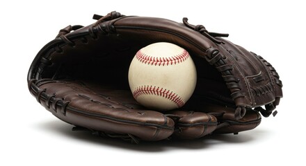 A baseball glove holds a baseball against a white background.  Dark brown leather glove, baseball in center