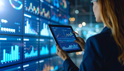 Fototapeta premium Entrepreneur using digital tablet and financial software to optimize economic perform