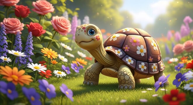 Cute turtle in a colorful flower garden, sunny day, pleasant mood
