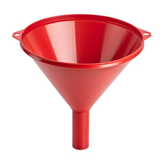 a red plastic funnel with a wide top and narrow stem, side view, clean and centered, isolated on transparent background