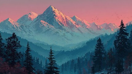 Pink Mountain Range Silhouette Background - With Forest & Snow-Capped Peaks for Posters, Decor, Nature Themes & Social Media