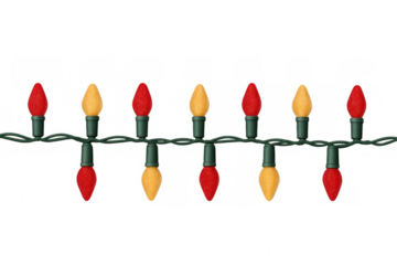 Christmas lights string with alternating red and yellow bulbs creating a festive atmosphere, ideal for holiday projects with transparent background