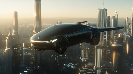 Futuristic flying car soaring over a modern metropolis at sunset