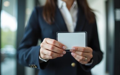 Close up of businesswoman with disability using ID card to enter in the office. High quality
