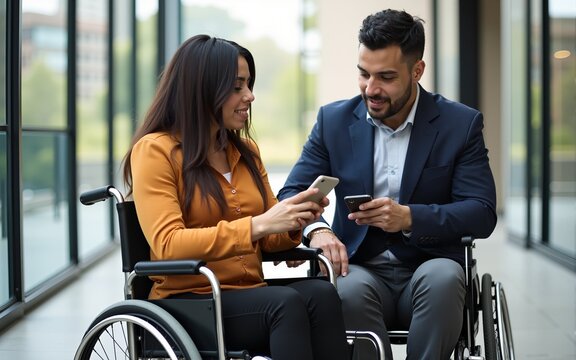 Mexican transgender woman in a wheelchair with a businessman using a smartphone and teamwork in disability concept and disabled people. High quality