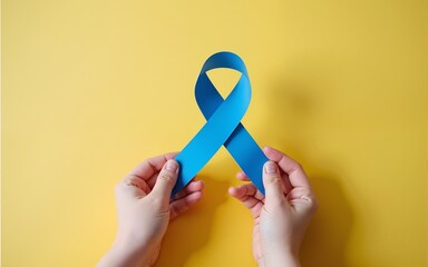 Adult and child hands holding blue and yellow ribbon shaped paper, Down syndrome awareness , World down syndrome day. High quality