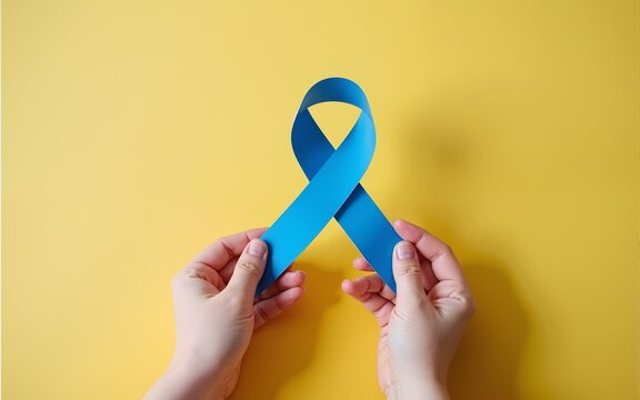 Adult and child hands holding blue and yellow ribbon shaped paper, Down syndrome awareness , World down syndrome day. High quality