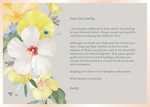Floral condolence card template, featuring white and yellow hibiscus flowers along with smaller blue flowers and green leaves on a solid brown background