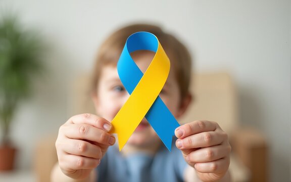 Adult and child hands holding blue and yellow ribbon shaped paper, Down syndrome awareness , World down syndrome day. High quality