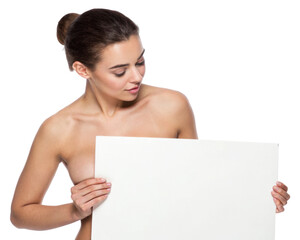 young woman holding blank board
