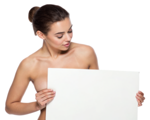 young woman holding blank board