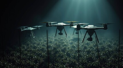 Ethereal spiritual vibe chiaroscuro lighting on sculpted, textured, layered papier-mâché drones conducting smart farming over farmland, strong contrasts, deep shadows, light aura