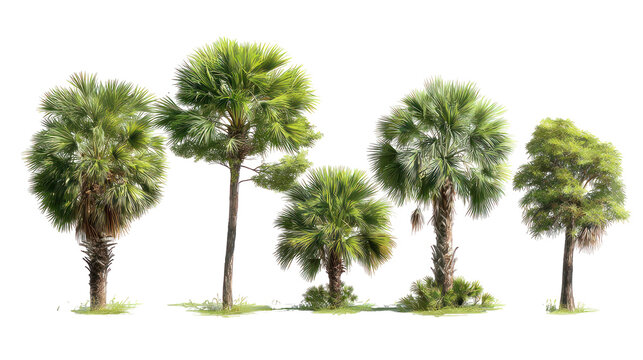  Set of Sabal Palmetto Trees - Group of Sabal palmetto palm trees with lush green fan-shaped leaves on transparent background