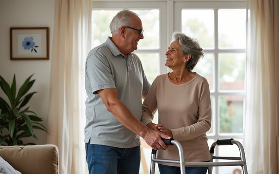 Caring wife active senior woman assisting her husband to walk with mobility walker at home. Supportive wife helping husband to use mobility walker. Elderly couple in retirement together at home.