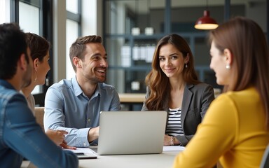 Diverse male and female colleagues in discussion at casual office meeting. High quality
