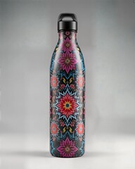 A vivid 3D render of a sleek water bottle, adorned with kaleidoscopic patterns and anthropomorphic features, set against a low-key backdrop.