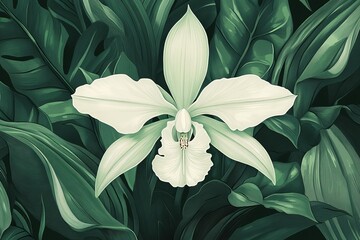 Exotic botanical Ghost Orchid illustration, the flower set against complex tropical leaves, rich shades of green and soft white.The Ghost Orchid,tropical plants,wild orchids,rare flowers.