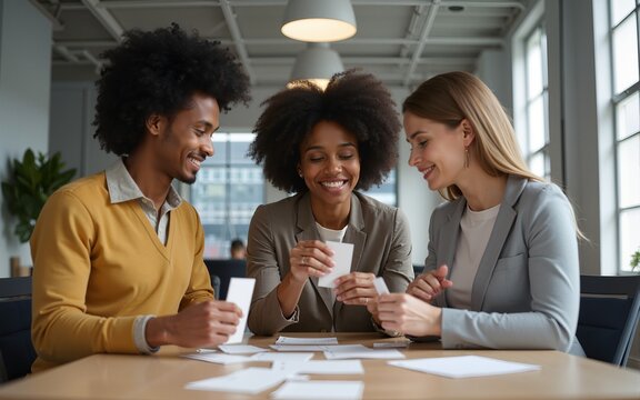 Multiracial business coworkers making house of cards on break in the office. High quality