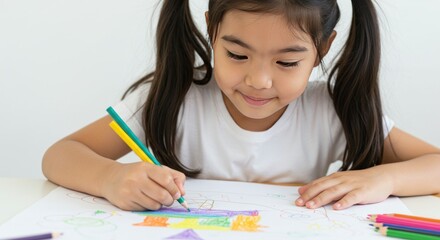 Young girl engrossed in coloring activity