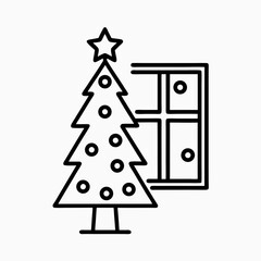 Fototapeta premium Christmas Tree with Star and Window Illustration for Holiday Decorations, Seasonal Greetings, Festive Designs, and Celebratory Content 