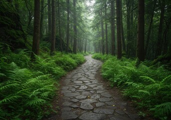 Stone path winding through a lush misty forest with ferns