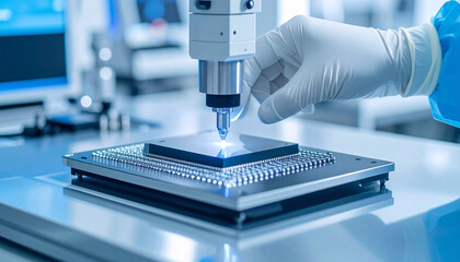 Precision Examination in Science Lab: A close-up view of a scientist in a sterile lab, wearing gloves, carefully operating advanced scientific equipment to analyze a small sample in the lab setting.