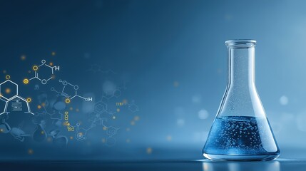 Laboratory flask with blue liquid, against a backdrop of molecular structures and a soft - blue, bokeh - filled background. Ideal for science - related presentations, educational materials, and scient